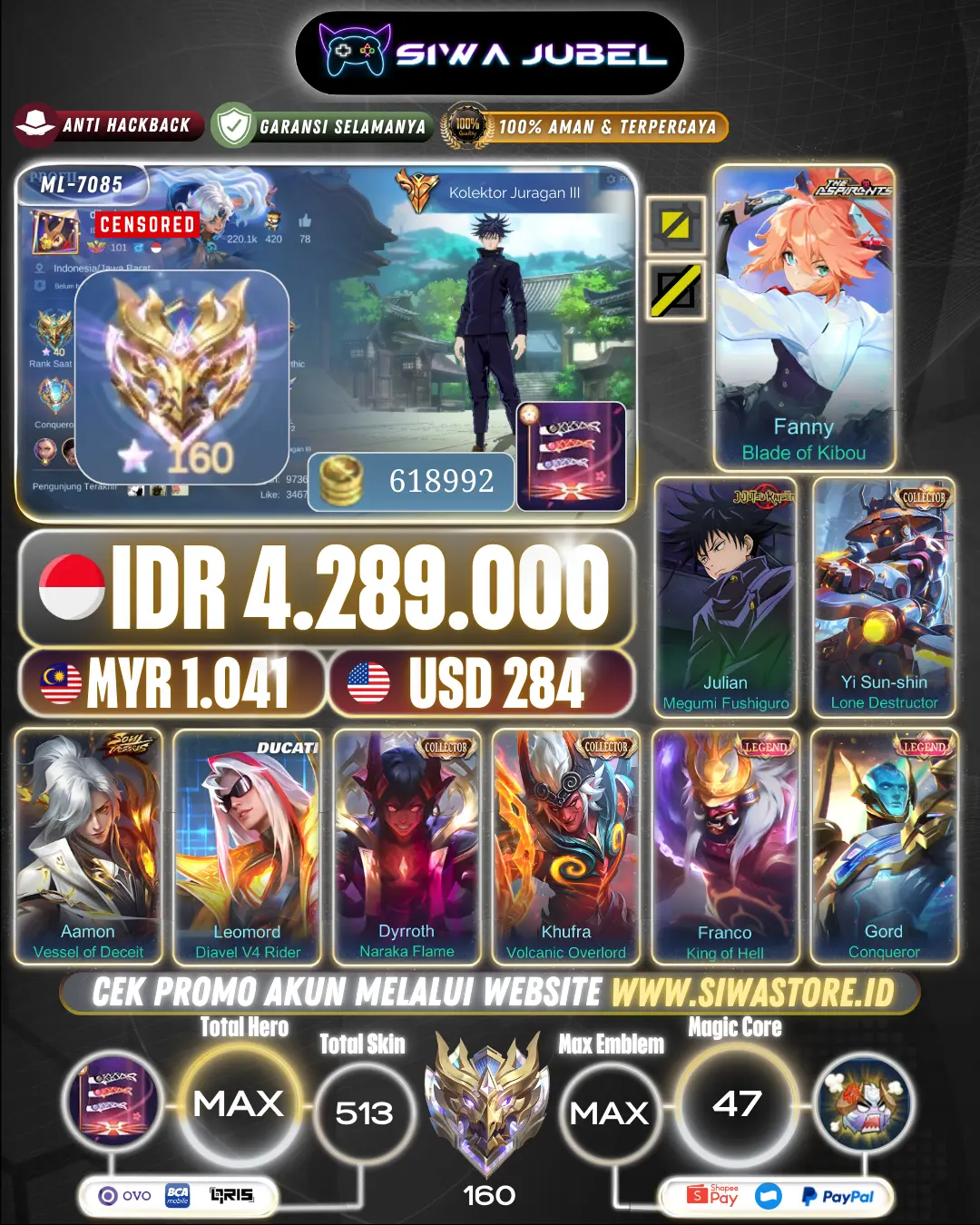 Akun Sultan ML Mythical Glory + 500 Skin