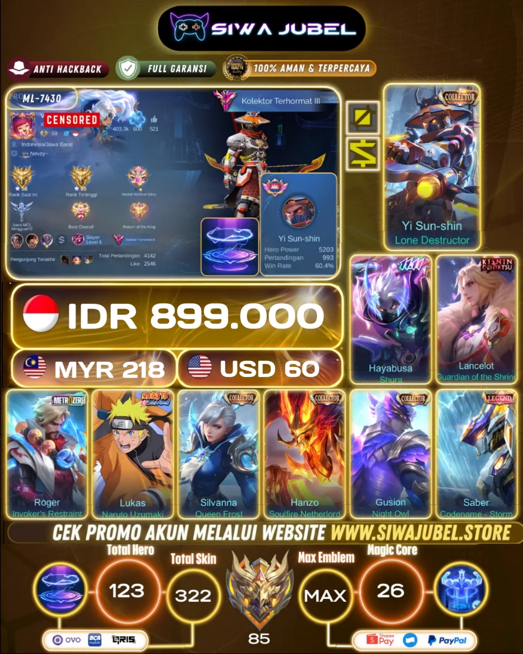 Yi Sun-shin - Lone Destructor (Collector) Hero: 123 Skin: 322 Win Rate: 65